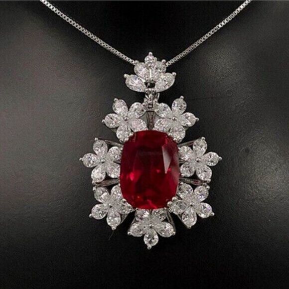 💋Sparkling Ruby Red Floral Cz Diamond Pendant Silver Hypoallergenic Necklace - Picture 14 of 14